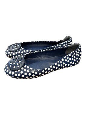 Tory Burch Navy & White Polka Dot Minnie Travel Ballet Flats Leather Logo Sz 7M